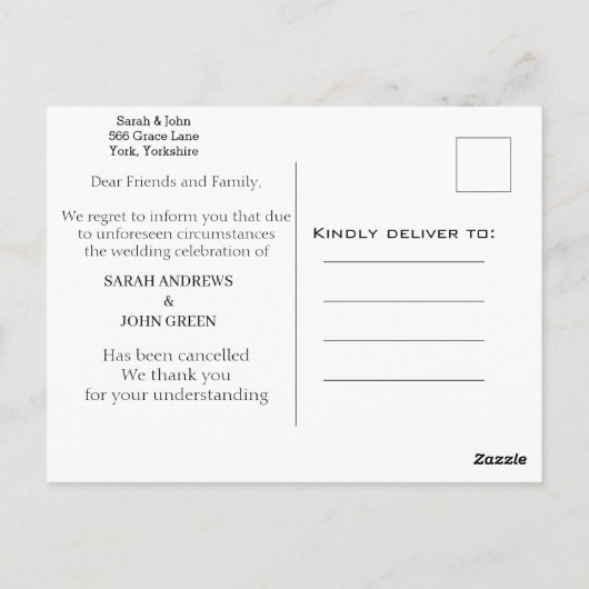 Eenvoudige kalligrafie bruiloft uitgesteld update briefkaart (Achterkant)
