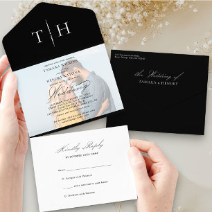 Eenvoudige kalligrafie Foto Black White RSVP Wedde All In One Uitnodiging