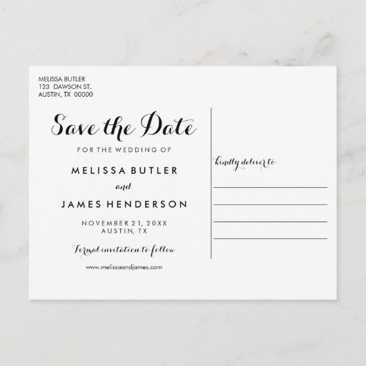 Eenvoudige kalligrafie Foto bruiloft bespaart datu Aankondigingskaart (Achterkant)