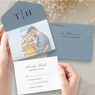 Eenvoudige kalligrafie Foto Dusty Blue RSVP Wedden All In One Uitnodiging