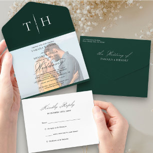 Eenvoudige kalligrafie Foto Emerald RSVP Weddensch All In One Uitnodiging