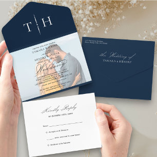 Eenvoudige kalligrafie Foto Navy Blue RSVP Wedding All In One Uitnodiging