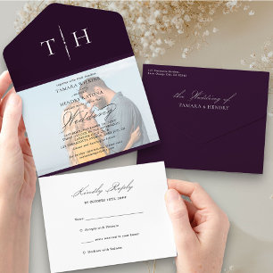 Eenvoudige kalligrafie Foto Paars RSVP Weddenschap All In One Uitnodiging