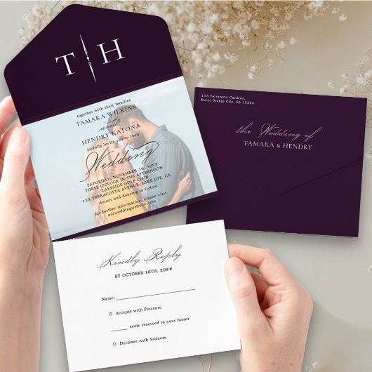 Eenvoudige kalligrafie Foto Paars RSVP Weddenschap All In One Uitnodiging