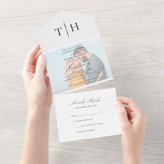 Eenvoudige kalligrafie Foto RSVP White Wedding All In One Uitnodiging (Afscheurbaar)