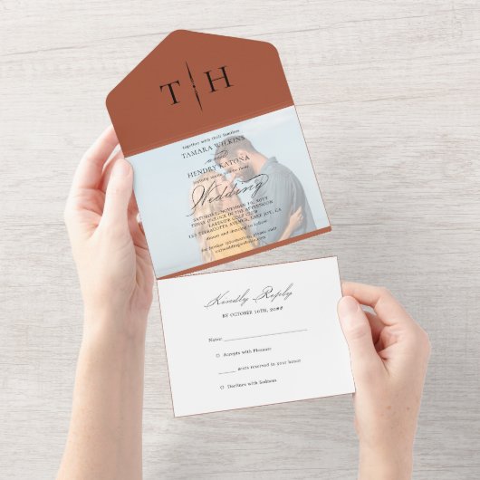 Eenvoudige kalligrafie Foto Terracotta RSVP Wedden All In One Uitnodiging (Afscheurbaar)