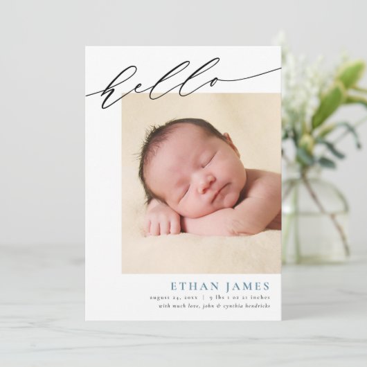 Eenvoudige kalligrafie geboorteaankondiging kaart (Staand voorkant)