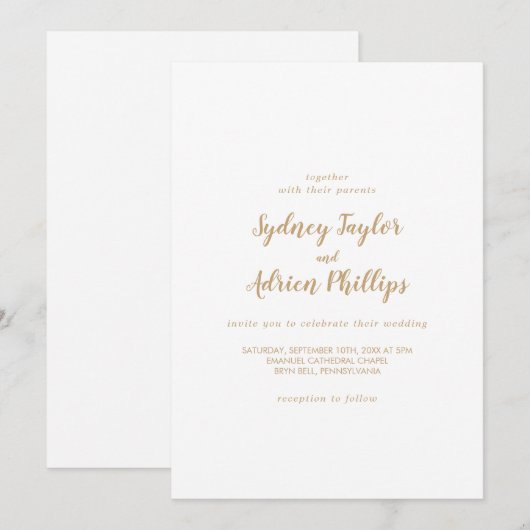 Eenvoudige kalligrafie|Gold Casual bruiloft Kaart (Voorkant / Achterkant)