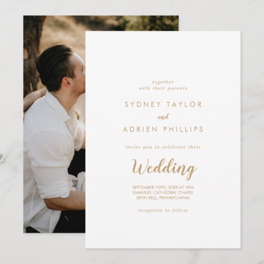 Eenvoudige kalligrafie|Gold Photo Informal Wedding Kaart (Voorkant / Achterkant)