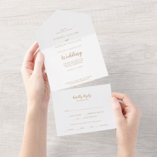 Eenvoudige kalligrafie|Gold Wedding All In One Uitnodiging (Afscheurbaar)