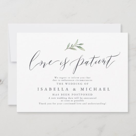 Eenvoudige kalligrafie groen bruiloft uitstel kaart (Voorkant)