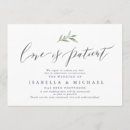 Eenvoudige kalligrafie groen bruiloft uitstel kaart