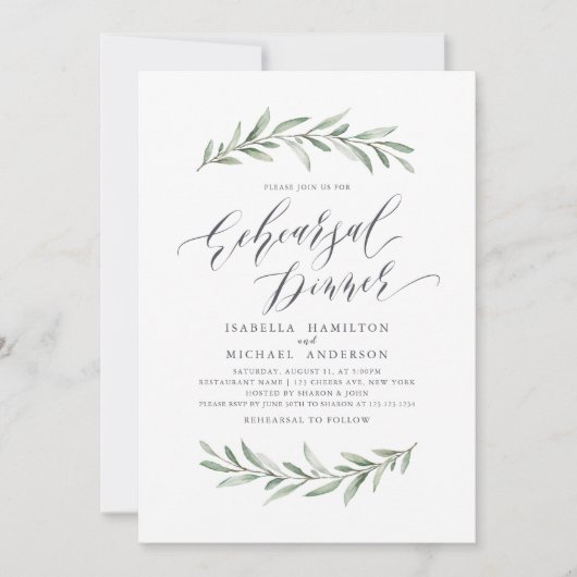 Eenvoudige kalligrafie groen repetitie diner kaart (Voorkant)