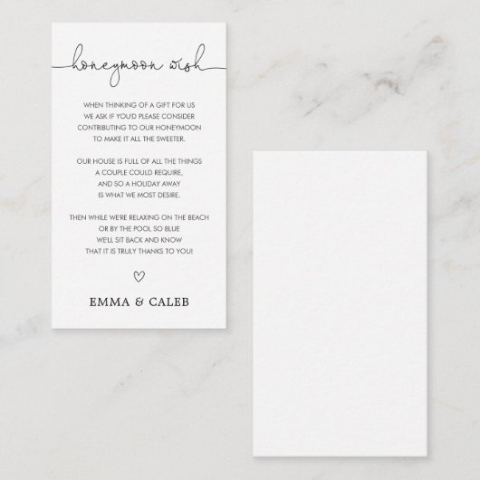 Eenvoudige kalligrafie Honeymoon Wish Fund Informatiekaartje (Voorkant / Achterkant)