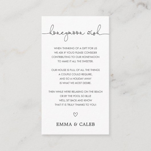 Eenvoudige kalligrafie Honeymoon Wish Fund Informatiekaartje (Voorkant)