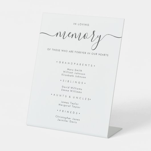Eenvoudige kalligrafie in liefdevolle herinnering reclamebord met voetstuk (Voorkant)
