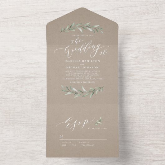Eenvoudige kalligrafie kraft rustic greenery bruil all in one uitnodiging (Binnen)