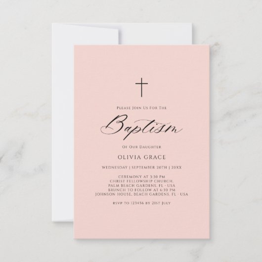 Eenvoudige Kalligrafie Roze Baby Meisje Doop Kaart (Voorkant)