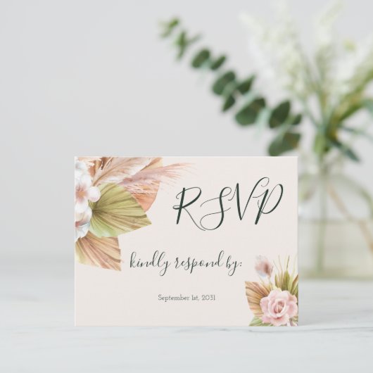 Eenvoudige kalligrafie Rustic Floral Wedding RSVP Briefkaart (Staand voorkant)