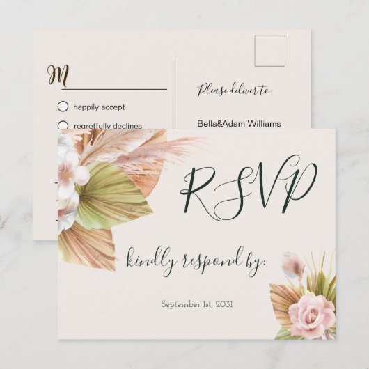 Eenvoudige kalligrafie Rustic Floral Wedding RSVP Briefkaart (Voorkant / Achterkant)