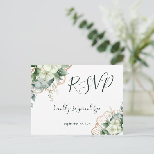 Eenvoudige kalligrafie Rustic Greenery Floral Wedd Briefkaart (Staand voorkant)