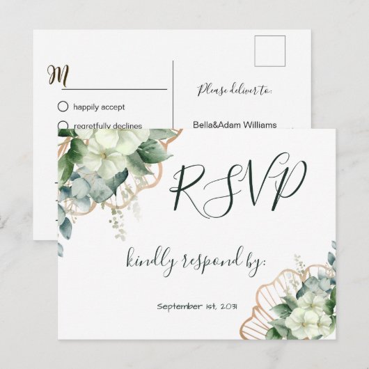 Eenvoudige kalligrafie Rustic Greenery Floral Wedd Briefkaart (Voorkant / Achterkant)