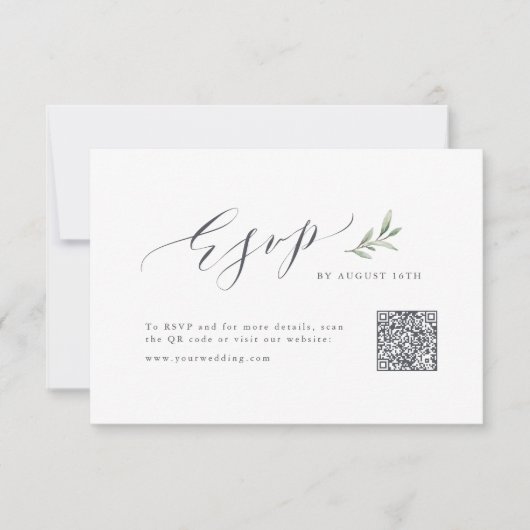 Eenvoudige kalligrafie rustiek groen bruiloft QR-c RSVP Kaartje (Voorkant)