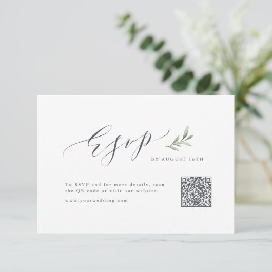 Eenvoudige kalligrafie rustiek groen bruiloft QR-c RSVP Kaartje (Staand voorkant)