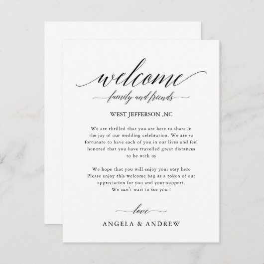 Eenvoudige kalligrafie Script bruiloft welkomsttas Informatiekaartje (Voorkant / Achterkant)