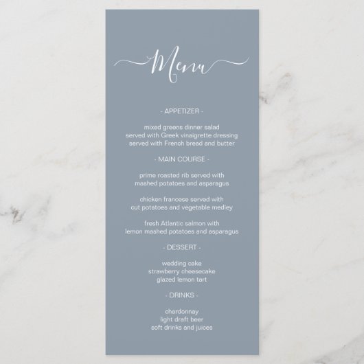 Eenvoudige kalligrafie Stoffig Blauw Bruiloft Menu (Voorkant)