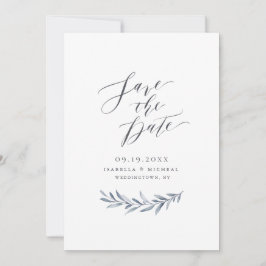 Eenvoudige kalligrafie stoffig blauwe groene bloem save the date