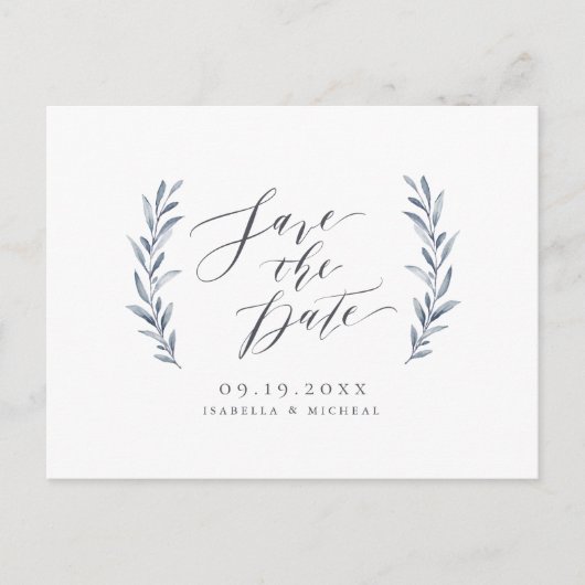 Eenvoudige kalligrafie, stoffige blauwe groene bru aankondigingskaart (Voorkant)