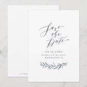 Eenvoudige kalligrafie, stoffige blauwe groene bru save the date (Voorkant / Achterkant)