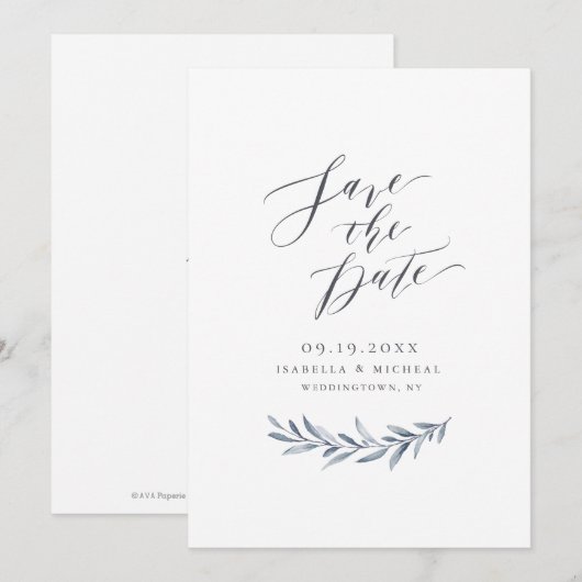 Eenvoudige kalligrafie, stoffige blauwe groene bru save the date (Voorkant / Achterkant)