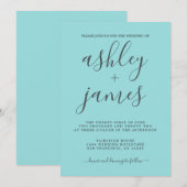 Eenvoudige kalligrafie Turquoise Blue Wedding Kaart (Voorkant / Achterkant)