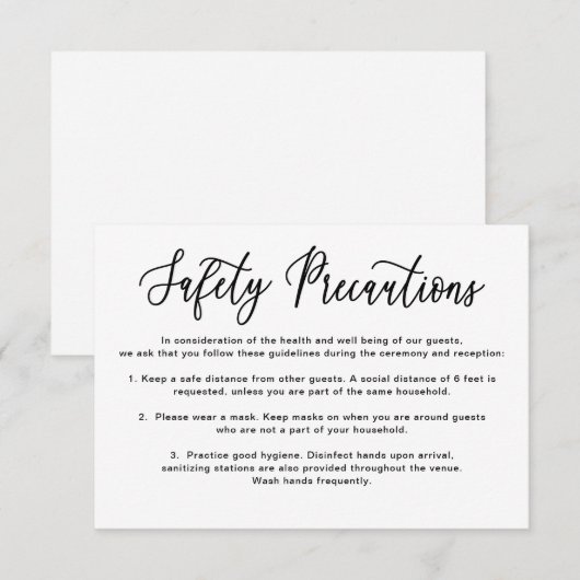 Eenvoudige kalligrafie Wedding Veiligheidsmaatrege Informatiekaartje (Voorkant / Achterkant)