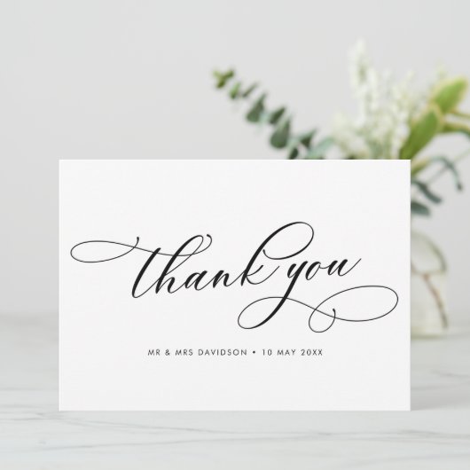 eenvoudige kalligrafie zwart-wit bruiloft bedankkaart (Staand voorkant)