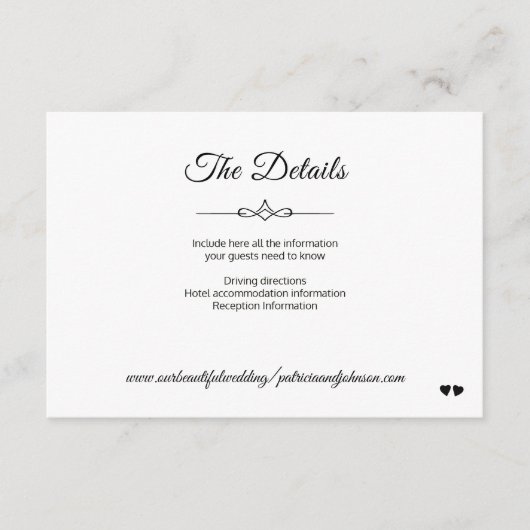 Eenvoudige kalligrafie zwart-wit bruiloft details informatiekaartje (Voorkant)