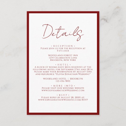 Eenvoudige karmozijnrode rand script huwelijksdeta informatiekaartje (Voorkant)
