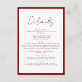 Eenvoudige karmozijnrode rand script huwelijksdeta informatiekaartje