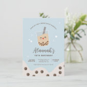 Eenvoudige Kawaii Boba Bubble Milk Tea Blue Birthd Kaart (Staand voorkant)