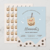 Eenvoudige Kawaii Boba Bubble Milk Tea Blue Birthd Kaart (Voorkant / Achterkant)