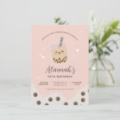 Eenvoudige Kawaii Boba Bubble Milk Tea Pink Birthd Kaart (Staand voorkant)