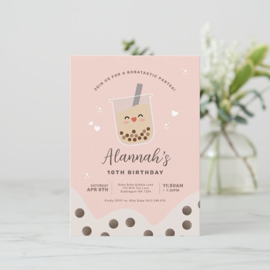 Eenvoudige Kawaii Boba Bubble Milk Tea Pink Birthd Kaart (Staand voorkant)