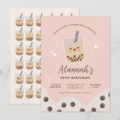 Eenvoudige Kawaii Boba Bubble Milk Tea Pink Birthd Kaart (Voorkant / Achterkant)