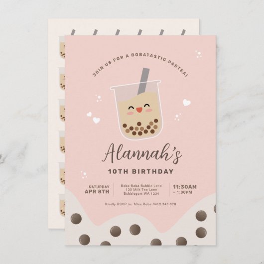 Eenvoudige Kawaii Boba Bubble Milk Tea Pink Birthd Kaart (Voorkant / Achterkant)