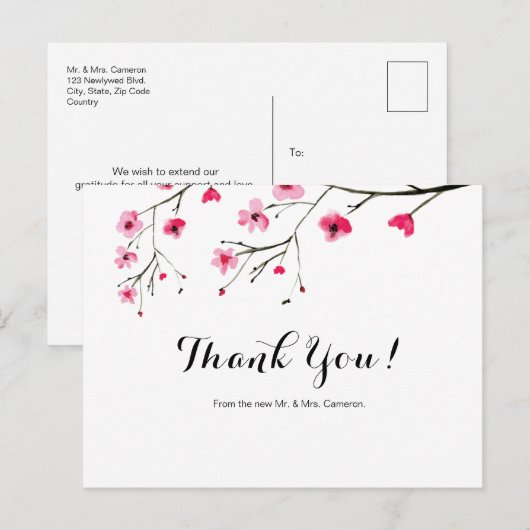 Eenvoudige kersenbloesem Dank u bruiloft Briefkaart (Voorkant / Achterkant)