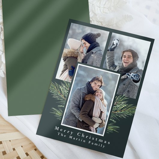 Eenvoudige kerst groen drie foto feestdagenkaart