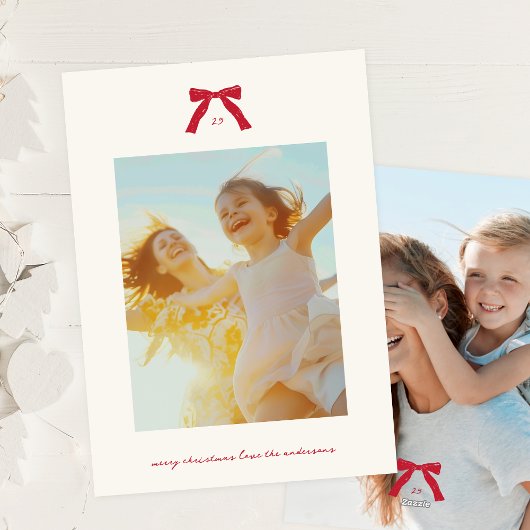 Eenvoudige Kerst Rode Tekst & Bogen Aangepaste Fot Feestdagenkaart
