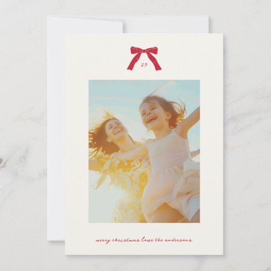 Eenvoudige Kerst Rode Tekst & Bogen Aangepaste Fot Feestdagenkaart (Voorkant)